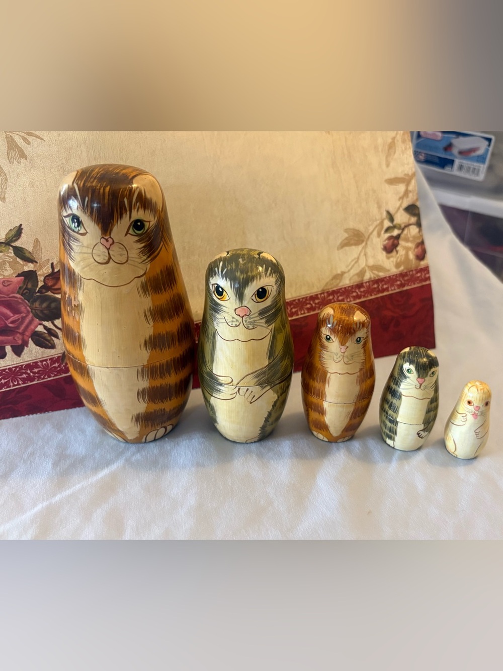 Vintage Matryoshka Hand Painted Tabby Cat Kitty Wood Russian Nesting Dolls Set 5 - Picture 2 of 10